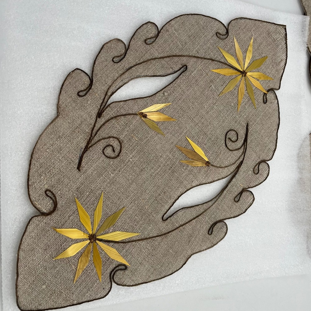 Vintage 7 pc Burlap Placemat Set Bamboo Flower Appliqué Handmade Boho Table Rare